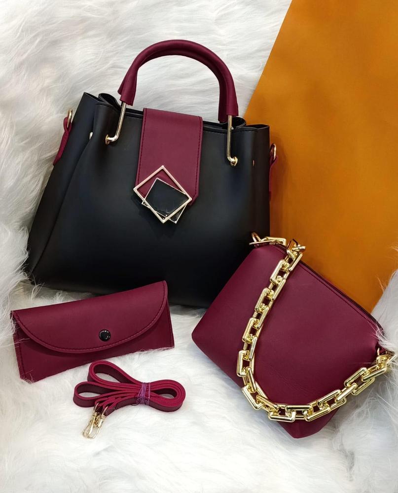 Women's Leather Plain Handbag - Set of 3