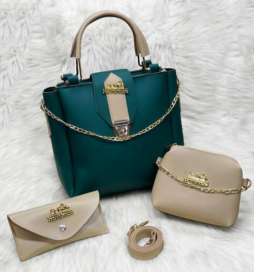 Women's Plain Leather Handbag - Set of 3